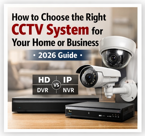 Comparison of HD vs IP CCTV camera systems with DVR and NVR shown for 2026 security guide.
