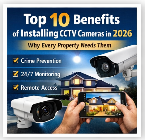 Benefits of CCTV installation featuring outdoor home monitoring, night vision, and mobile viewing.