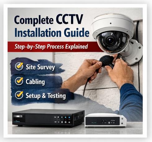 Technician installing dome CCTV camera with steps like site survey, cabling, and testing.