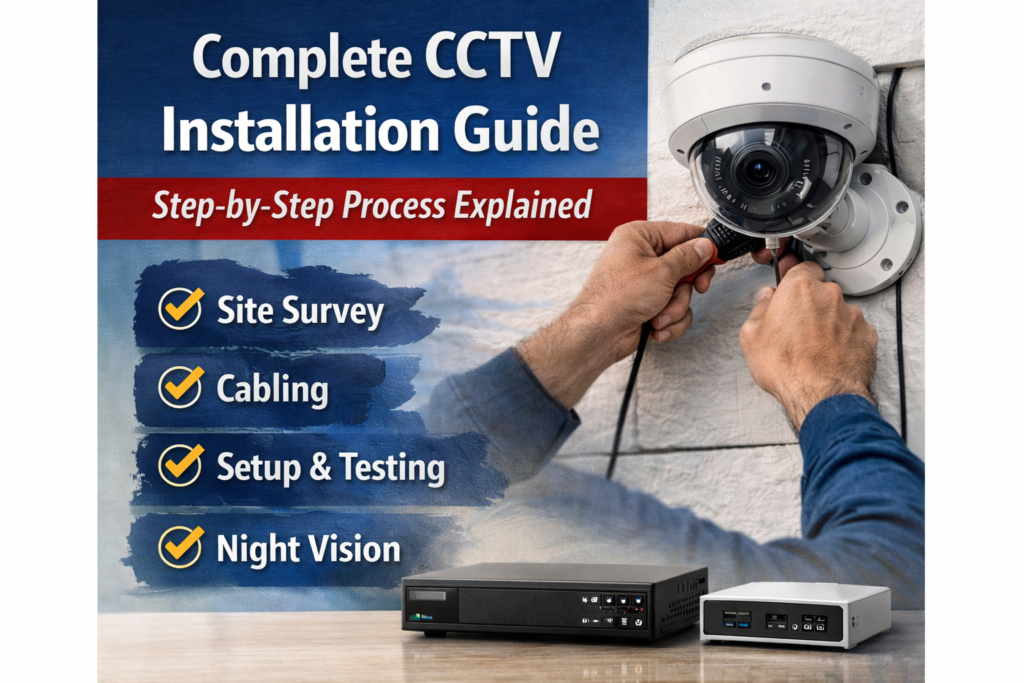 Technician installing dome CCTV camera with steps like site survey, cabling, and testing.