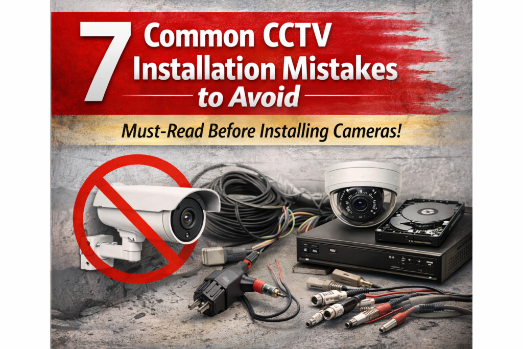 Common CCTV installation mistakes with incorrect camera placement, messy wiring, and exposed hardware.
