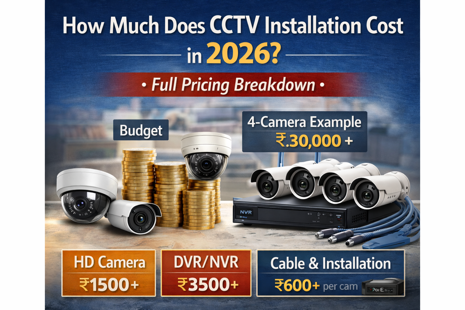 CCTV installation cost breakdown showing camera prices, DVR/NVR costs, and installation charges.