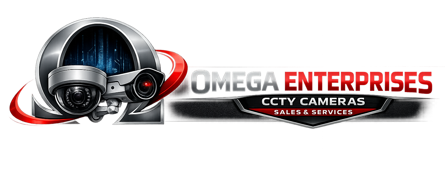 CCTV security cameras displayed with technical icons, promoting professional sales, installation, and maintenance services.