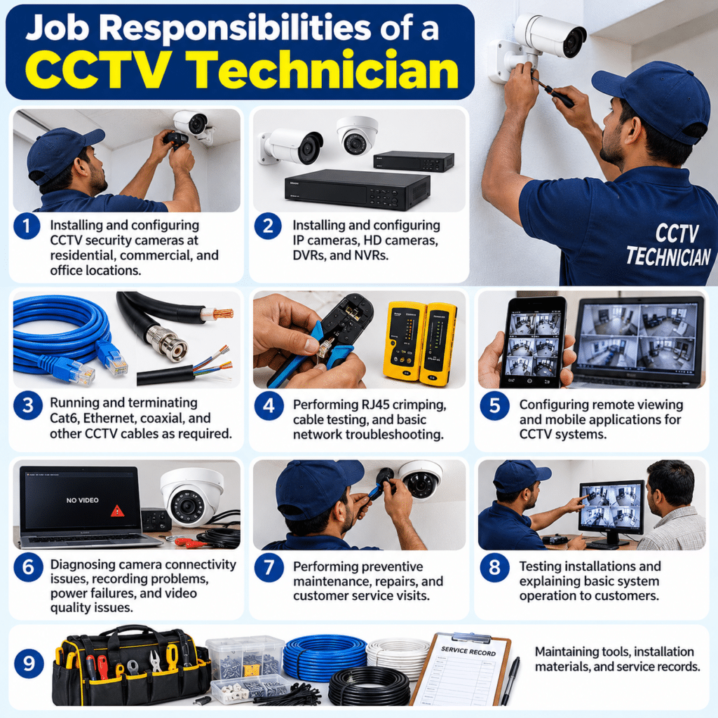 CCTV Technician Jobs in Hyderabad – CCTV camera installation, DVR and NVR configuration, Cat6 cabling, and technical support.